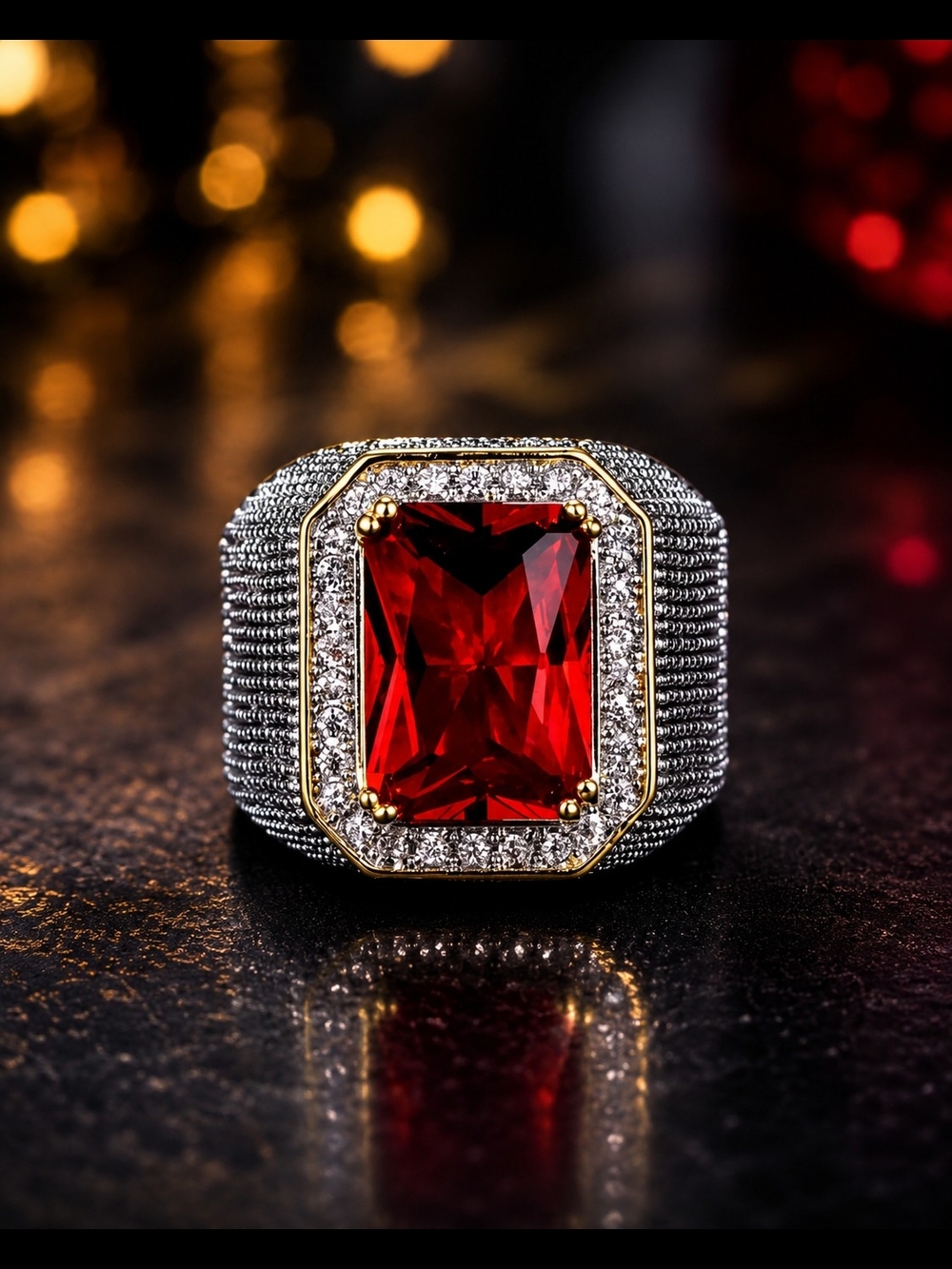 Men’s Size 8 Silver-Tone Red Stone Statement Ring Gold-Tone Accents
